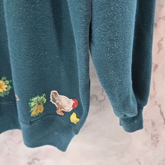 Vintage Sweatshirt Womens Large Green Cow Pig Chickens Farm Upcycled - Picture 4 of 12